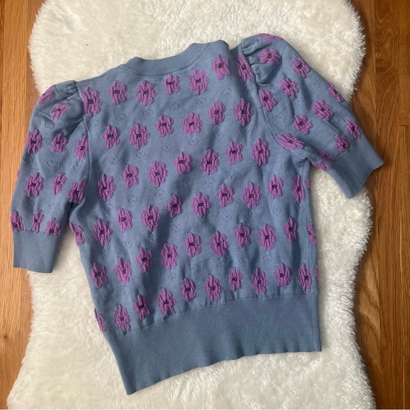 Kate Spade Marker Floral Puff Sleeve Sweater XS Blue Purple - Picture 3 of 5
